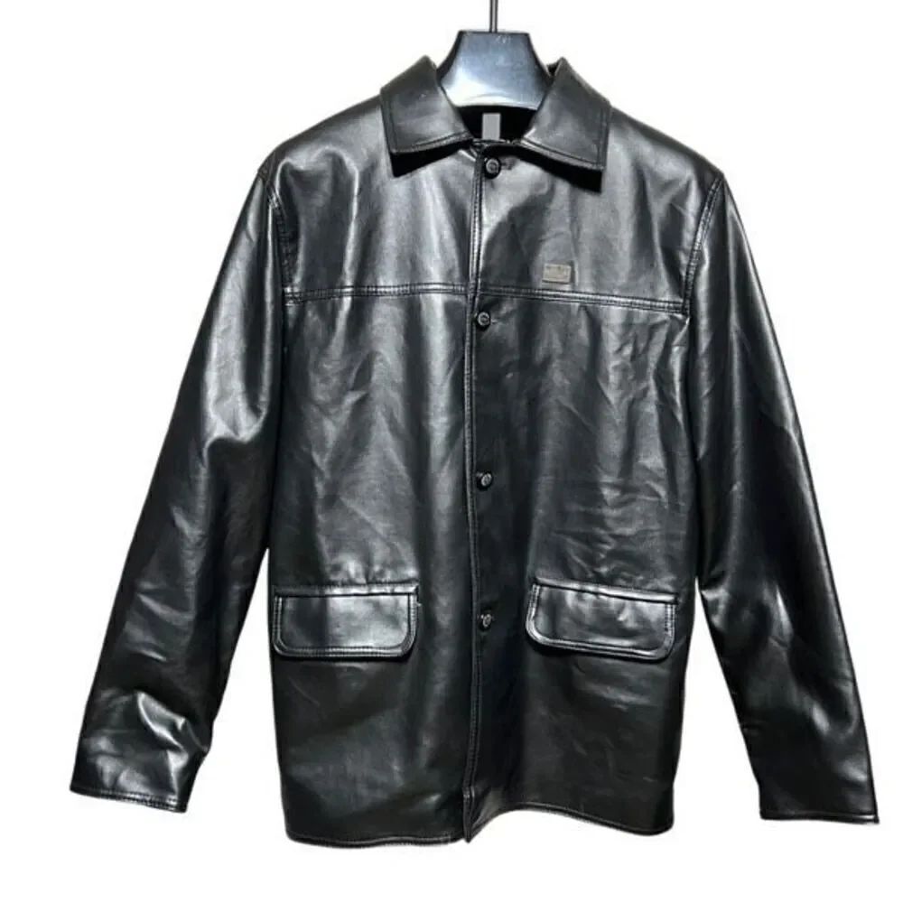 EGA Emporio Collezioni Italian Made Black Leather Coat Size XL